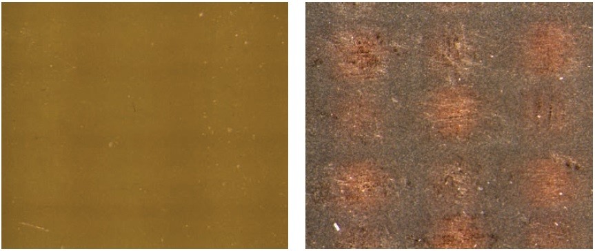 Obr. 7 Fotografie povrchu laminátu Lamplex - a) dodaný stav, b) stárnutý při teplotě 200 °C po dobu 30 hodin (Stereomikroskop Olympus SZX 10).